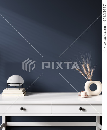 Interior wall mockup with lamp and decoration, standing on the table on empty blue background with free space on top. 3D rendering 90835657