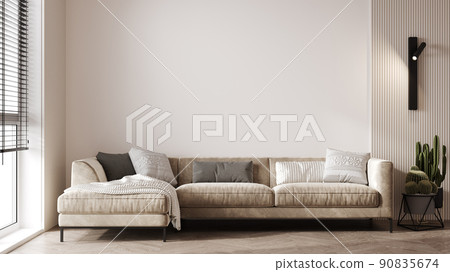 Bright modern living room with beige sofa, wall lamp and green plant on wooden laminate. Scandinavian style, cozy interior background. Bright stylish room mockup. 3d render Bright modern living room with beige sofa, wall lamp and green plant on wooden laminate. Scandinavian style, cozy interior background. Bright stylish room mockup. 3d render 90835674