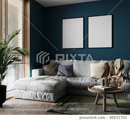 Two poster mockup with vertical frames on empty blue wall in stylish living room interior. 3d render Two poster mockup with vertical frames on empty blue wall in stylish living room interior. 3d render 90835703