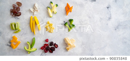 BLW Baby-Led Weaning concept - sliced foods, top view 90835848