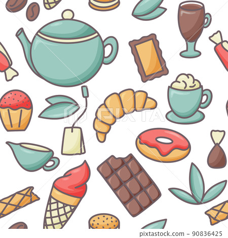 Coffee tea croissants and pastries seamless pattern Coffee tea croissants and pastries seamless pattern 90836425