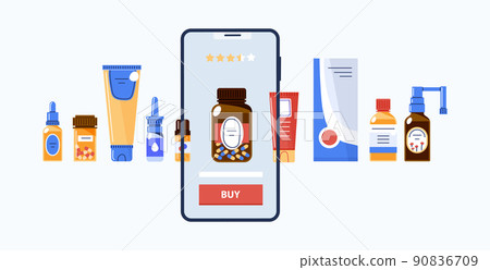 Buy medications with mobile app in online shop.Vector flat illustration. Buy medications with mobile app in online shop.Vector flat illustration. 90836709