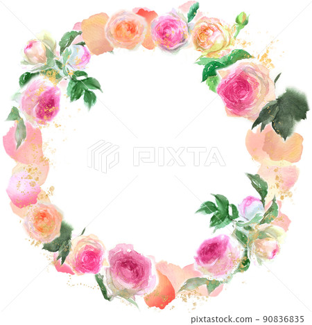 粉紅玫瑰 Pierre de Ronsard 花環和金粉水彩手繪插圖 90836835