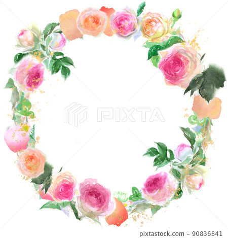 粉紅玫瑰 Pierre de Ronsard 花環和金粉水彩手繪插圖 90836841