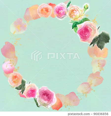 Pink roses Pierre de Ronsard flower wreath and gold powder watercolor hand-painted illustration Pink roses Pierre de Ronsard flower wreath and gold powder watercolor hand-painted illustration 90836856