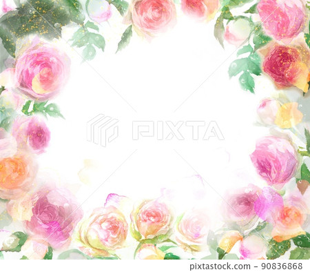Pink roses Pierre de Ronsard flower wreath and gold powder watercolor hand-painted illustration Pink roses Pierre de Ronsard flower wreath and gold powder watercolor hand-painted illustration 90836868