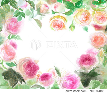 粉紅玫瑰 Pierre de Ronsard 花環和金粉水彩手繪插圖 90836885