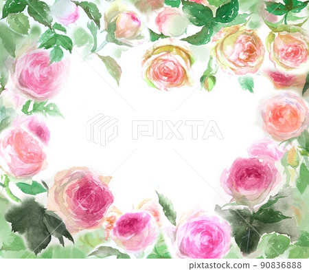 Pink roses Pierre de Ronsard flower wreath and gold powder watercolor hand-painted illustration 90836888