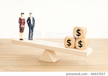 Life and Work or money balance concept. Couple figurine and dollar symbol on wooden blocks on wooden seesaw 90837057