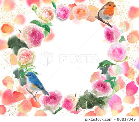 花環水彩手繪插圖，描繪了飄揚的玫瑰花瓣、鳥類和粉紅玫瑰 Pierre Delonsard 90837349