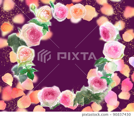 花環水彩手繪插圖飄揚的玫瑰花瓣和粉紅色的玫瑰 Pierre Delonsard 90837430