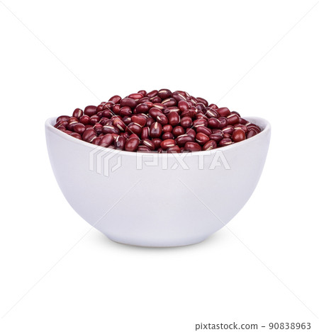 Red bean seeds in a white cup isolated on white background Red bean seeds in a white cup isolated on white background 90838963