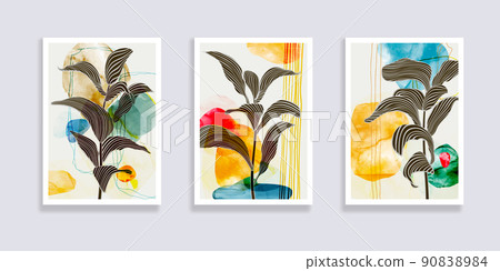 Trendy set of minimalist tropical leaves and abstract forms. Minimal botanical wall art. Mid century modern graphic. Plant art design for social media, blog post, print, cover, wallpaper. Vector 90838984