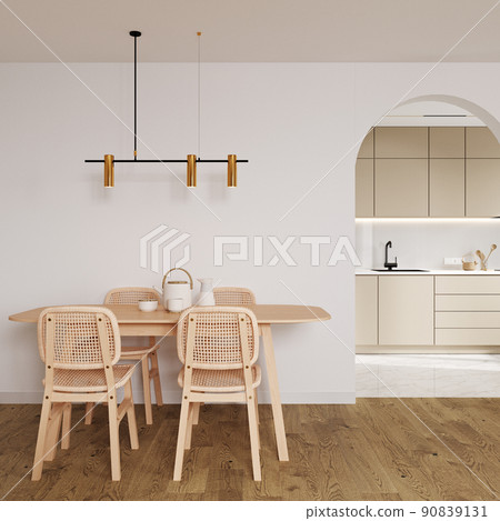 Dining room interior background, wall mock up, Scandinavian style, 3d render Dining room interior background, wall mock up, Scandinavian style, 3d render 90839131