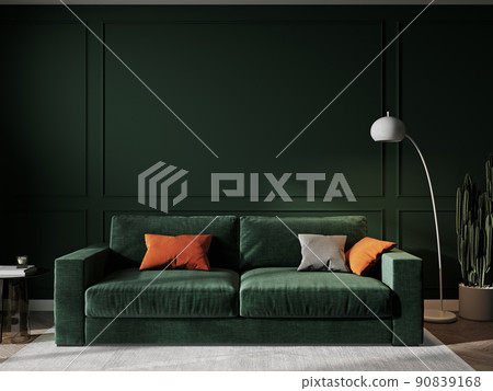 Home interior mock-up with green sofa, table and decor in living room, 3d render Home interior mock-up with green sofa, table and decor in living room, 3d render 90839168