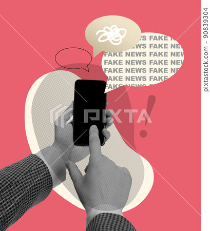 Contemporary art collage. Conceptual image with male hand typing on phone screen, reading fake news, rumors isolated over pink background 90839304