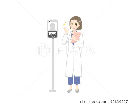 Illustration material of a young woman who measures body temperature with a body temperature sensor 90839307