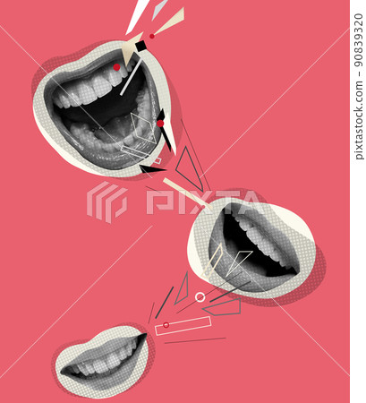 Contemporary art collage. Conceptual image with female talking mouths spreading rumors, gossips isolated over pink background Contemporary art collage. Conceptual image with female talking mouths spreading rumors, gossips isolated over pink background 90839320