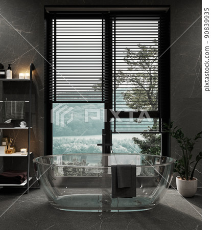 Luxury dark home bathroom interior with glass bathtub, shelf, plant and window, black marble. 3d rendering 90839935