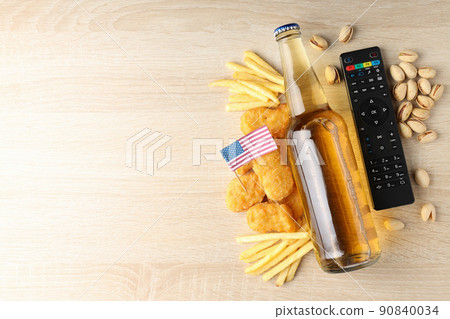Concept of Super bowl snacks on wooden background Concept of Super bowl snacks on wooden background 90840034