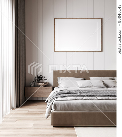 mock up poster frame in modern interior background, bedroom, Scandinavian style, 3D render mock up poster frame in modern interior background, bedroom, Scandinavian style, 3D render 90840145