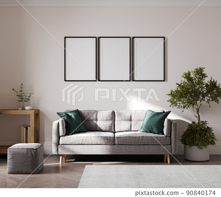 empty poster frames on beige wall in living room interior with modern furniture and plant, gray sofa and green pillows, 3d render empty poster frames on beige wall in living room interior with modern furniture and plant, gray sofa and green pillows, 3d render 90840174