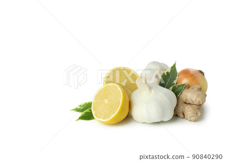 Concept of treatment colds with honey and garlic isolated on white background 90840290