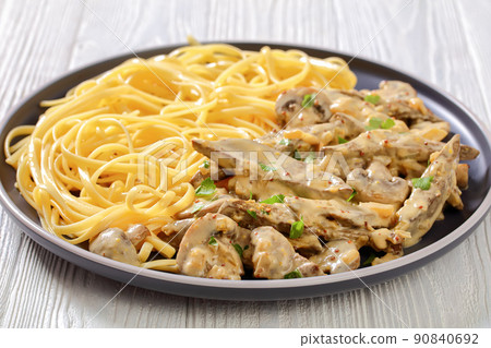liver stroganoff with spaghetti on plate, top view liver stroganoff with spaghetti on plate, top view 90840692