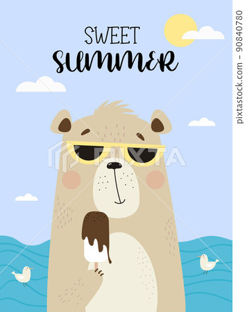 Cute bear at sea in sunglasses eating ice cream. Vector illustration. Poster - sweet summer with animals for kids collection, postcards, design, print, decoration for bedroom and nursery rooms and gre Cute bear at sea in sunglasses eating ice cream. Vector illustration. Poster - sweet summer with animals for kids collection, postcards, design, print, decoration for bedroom and nursery rooms and gre 90840780