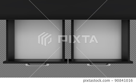 Top view of two black empty open side by side drawers of cabinet, cupboard or nightstand 90841016