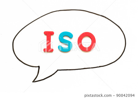 Alphabet letter with word ISO in black line hand drawing as bubble speech on white board background 90842094