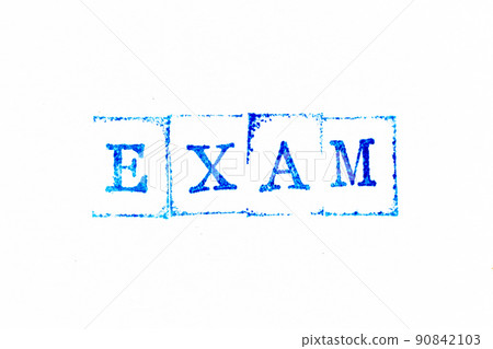 Blue color ink rubber stamp in word exam on white paper background 90842103