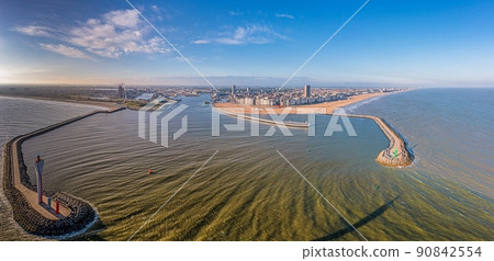 Drone panorama over the harbor and skyline of the Belgian city of Oostende 90842554