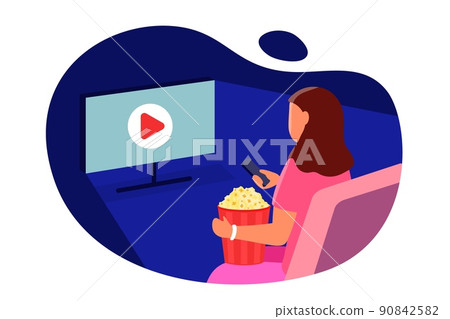 Watch movie Girl with popcorn sitting in front of the screen tv 90842582