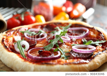 Concept of tasty food with Salami pizza, close up 90843046