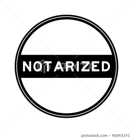 Black color round seal sticker in word notarized on white background 90843241