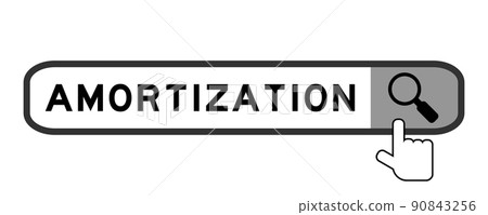 Search banner in word amortization with hand over magnifier icon on white background 90843256