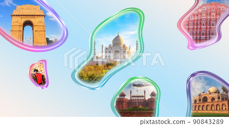 Humayun's Tomb, India Gate, Taj Mahal and Red Fort in one collage of India Humayun's Tomb, India Gate, Taj Mahal and Red Fort in one collage of India 90843289
