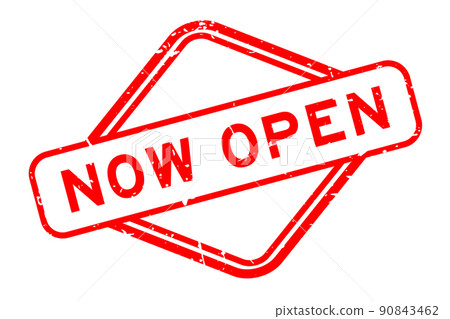 Grunge red now open word rubber seal stamp on white background 90843462