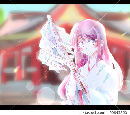 A shrine maiden with money background shrine A shrine maiden with money background shrine 90843860