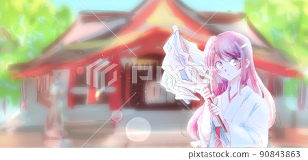 A shrine maiden with money background shrine A shrine maiden with money background shrine 90843863