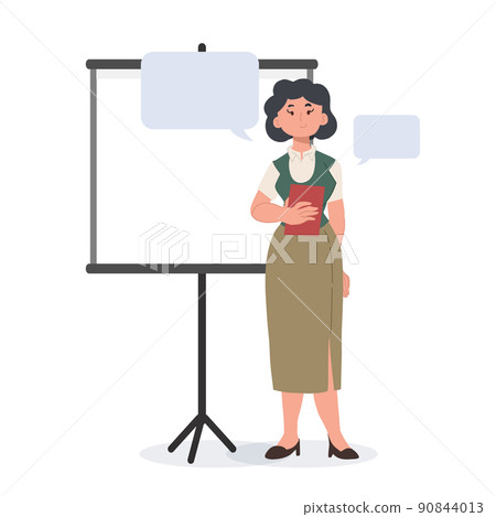 female school teacher is present project on board.Flat vector cartoon character illustration 90844013