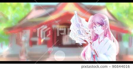 A shrine maiden with money background shrine A shrine maiden with money background shrine 90844016