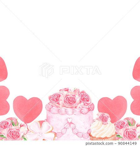 Banner of sweets with roses and hearts. Watercolor illustration. Isolated on a white background. Banner of sweets with roses and hearts. Watercolor illustration. Isolated on a white background. 90844149