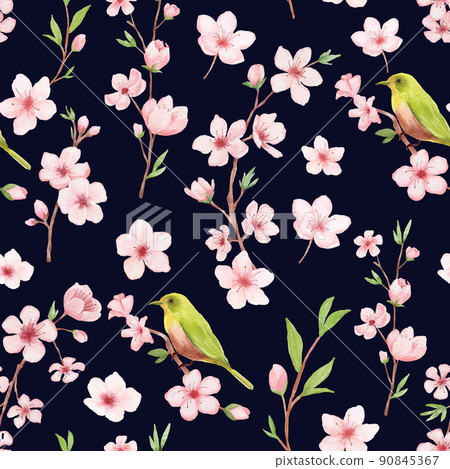 Branch of Cherry blossom watercolor seamless pattern on white backgraund. Japanese flowers and bird. Floral pink background Branch of Cherry blossom watercolor seamless pattern on white backgraund. Japanese flowers and bird. Floral pink background 90845367