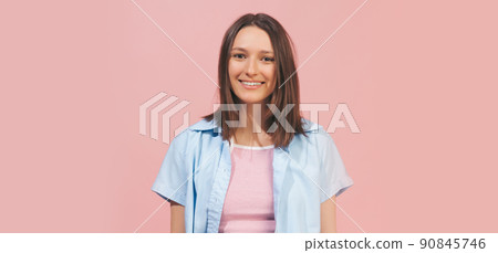 Young beautiful girl wearing top and summer shirt looking at camera isolated on pink background. Concept of emotions, facial expression, youth Young beautiful girl wearing top and summer shirt looking at camera isolated on pink background. Concept of emotions, facial expression, youth 90845746