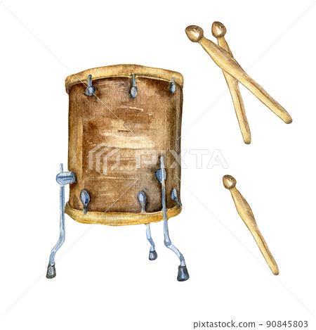 Drum kit, drumsticks watercolor illustration isolated on white 90845803