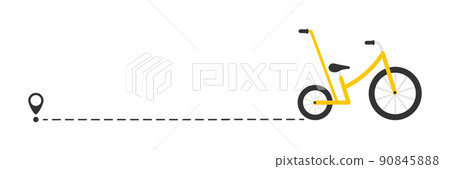 Cute colorful bicycle with start location pin. Color child bike with line route. Cute colorful bicycle with start location pin. Color child bike with line route. 90845888