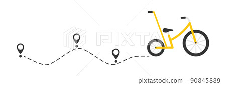 Cute colorful bicycle with start location pin. Color child bike with line route. Cute colorful bicycle with start location pin. Color child bike with line route. 90845889