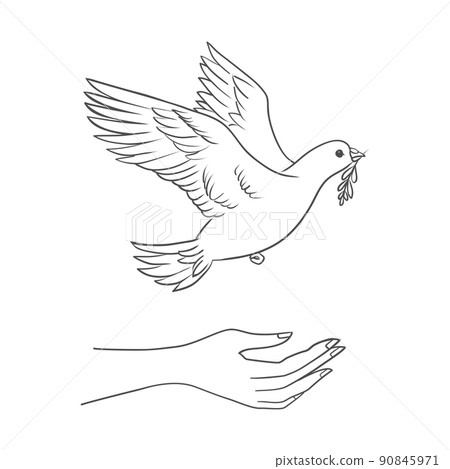 Peace dove with olive branch in the beak flying and hands down. 90845971